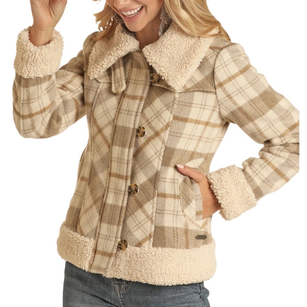 Powder River Outfitters, Panhandle collection, cream wool plaid coat